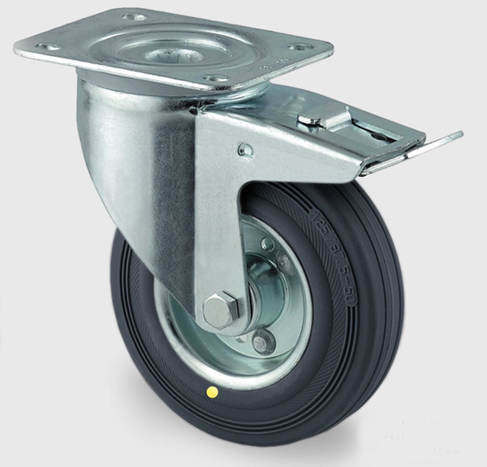016-0336-00-transportgeraete-lenkrolle-mit-feststeller-mit-vollgummi-bereifung-esd-tente Vollgummi-Lenkrolle Ø 100x30mm breit mit Platte und Feststeller ESD Bauhöhe 128mm Tragkraft 70 kg