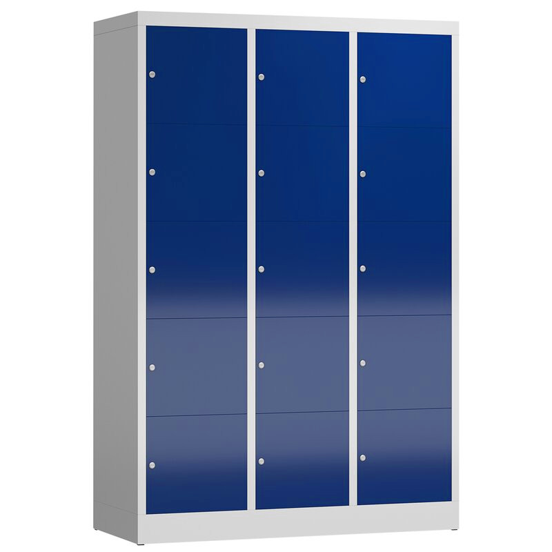 307-0085-36 Lüllmann  Schließfachschrank Serie ClassiX  – 3 Abteile à 5 = 15 Fächer, Zylinderschloss, lichtgrau/enzianblau, B1185xT500xH1800mm