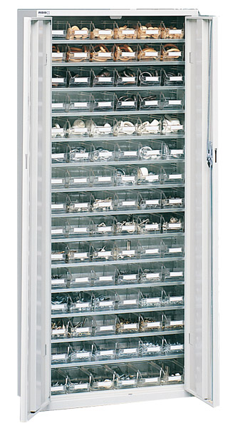 Stahlschrank mit 18 Böden, 114 Kästen Größe 5, glasklar