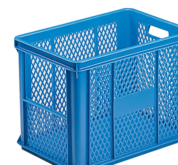 697-0045 Stapelkasten Typ 2, mit Ausschnitt, Gitterwände, Boden geschlossen, blau, 590x385x325, Inhalt 60 Litr
