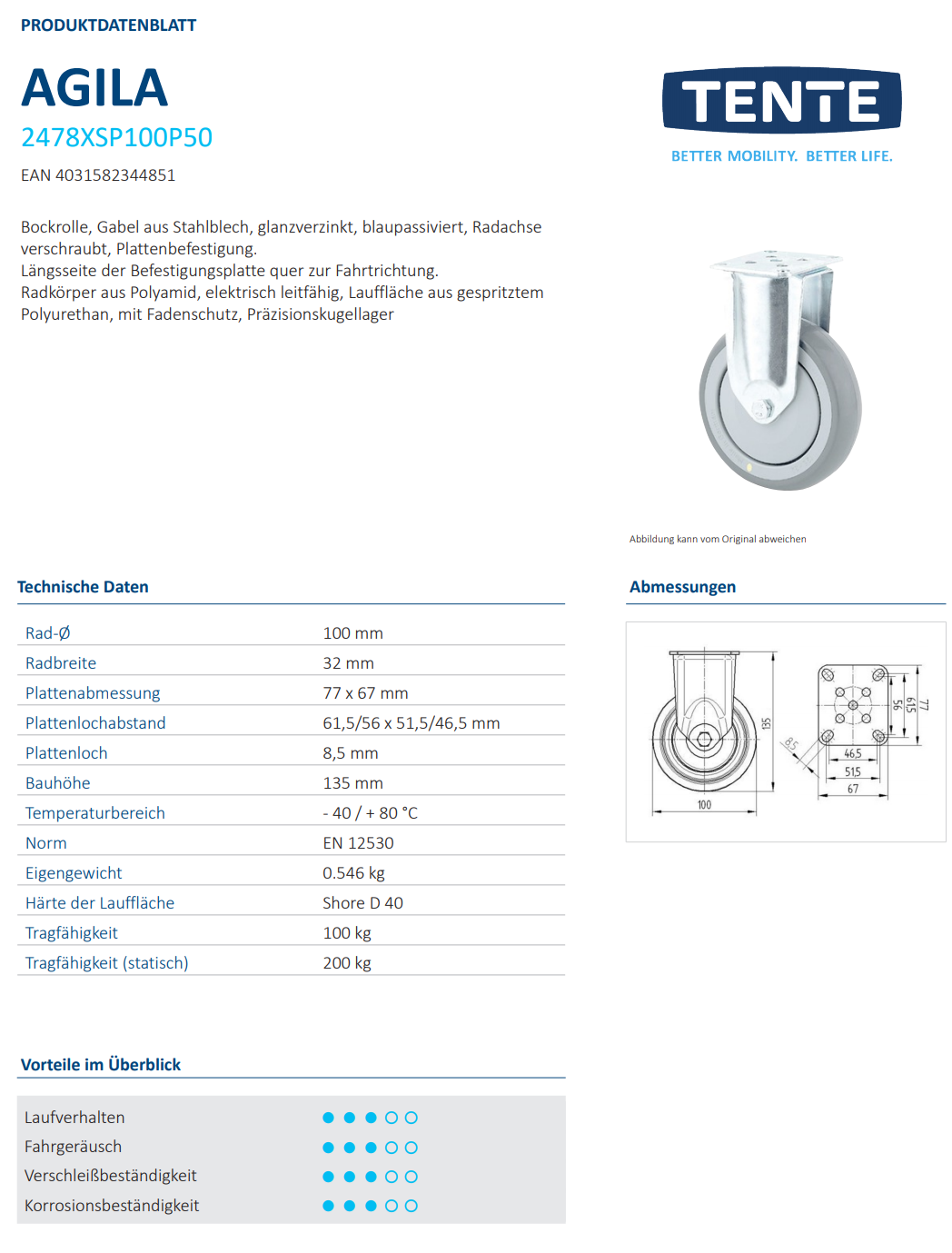 016-0326 Apparate-Bockrolle ESD, Ø 100 x 32 mm breit mit Platte 77 x 67 mm