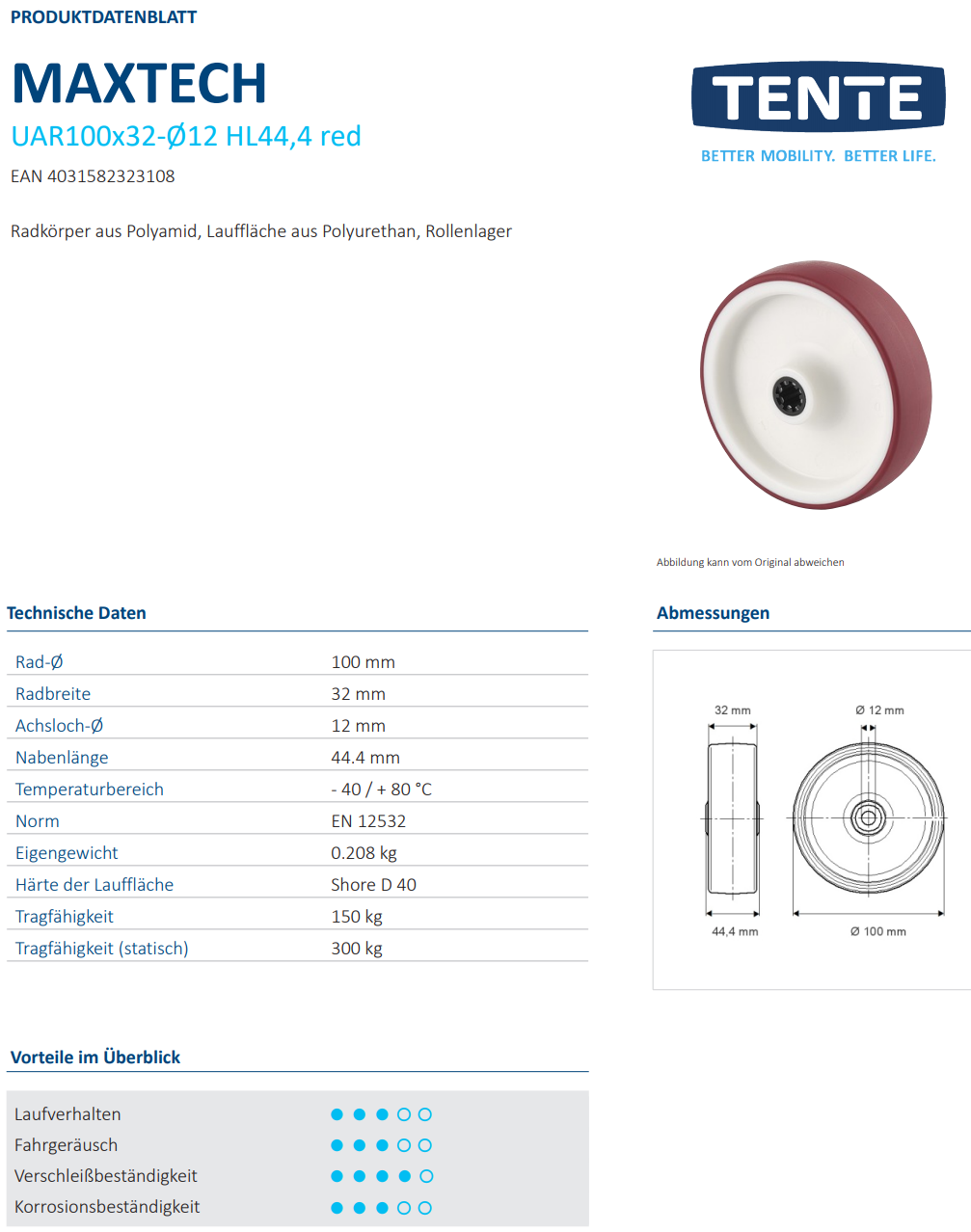 016-0480-D Tente Kunststoff-Rad Ø100x32mm breit