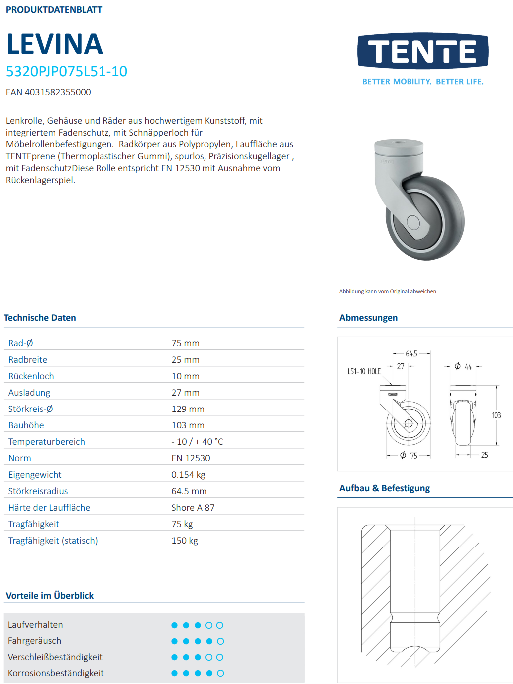 016-0514-D Lenkrolle Ø75x25mm, Rückenloch Ø10mm