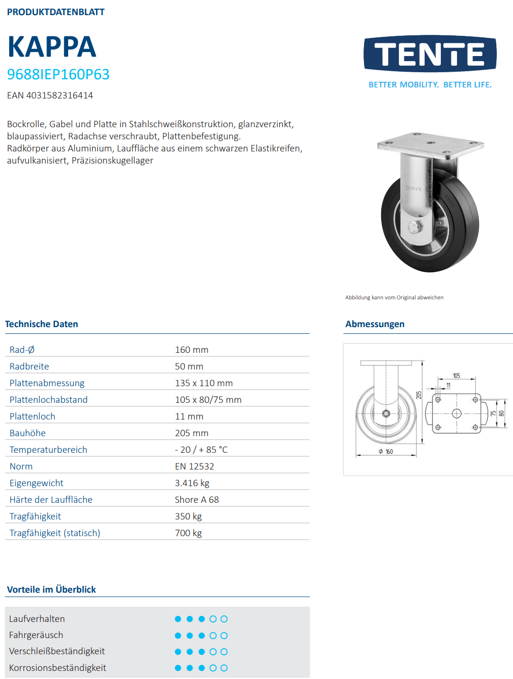 016-0445-D Tente Bockrolle Ø 160 x 50mm breit mit Platte