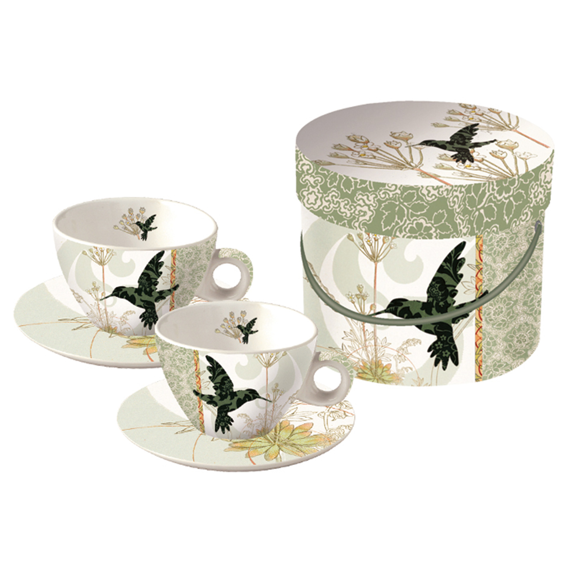 858-0052_F Set: 2 Cappuccino Tassen Kolibri im Geschenkkarton