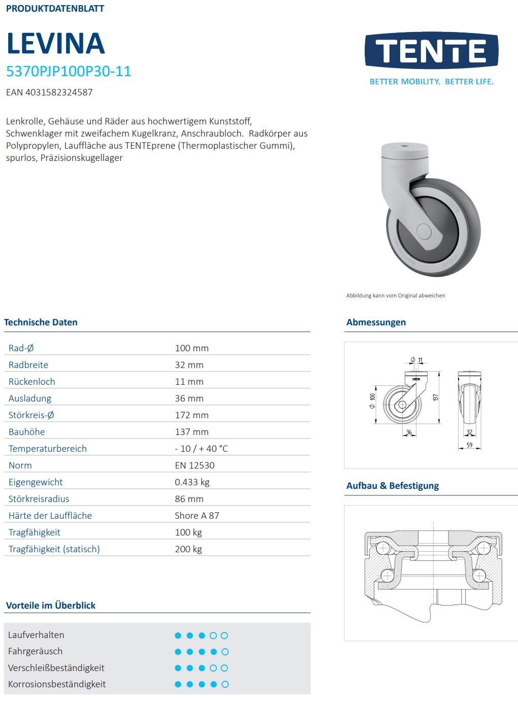 Lenkrolle Ø100x32mm, Rückenloch Ø11mm