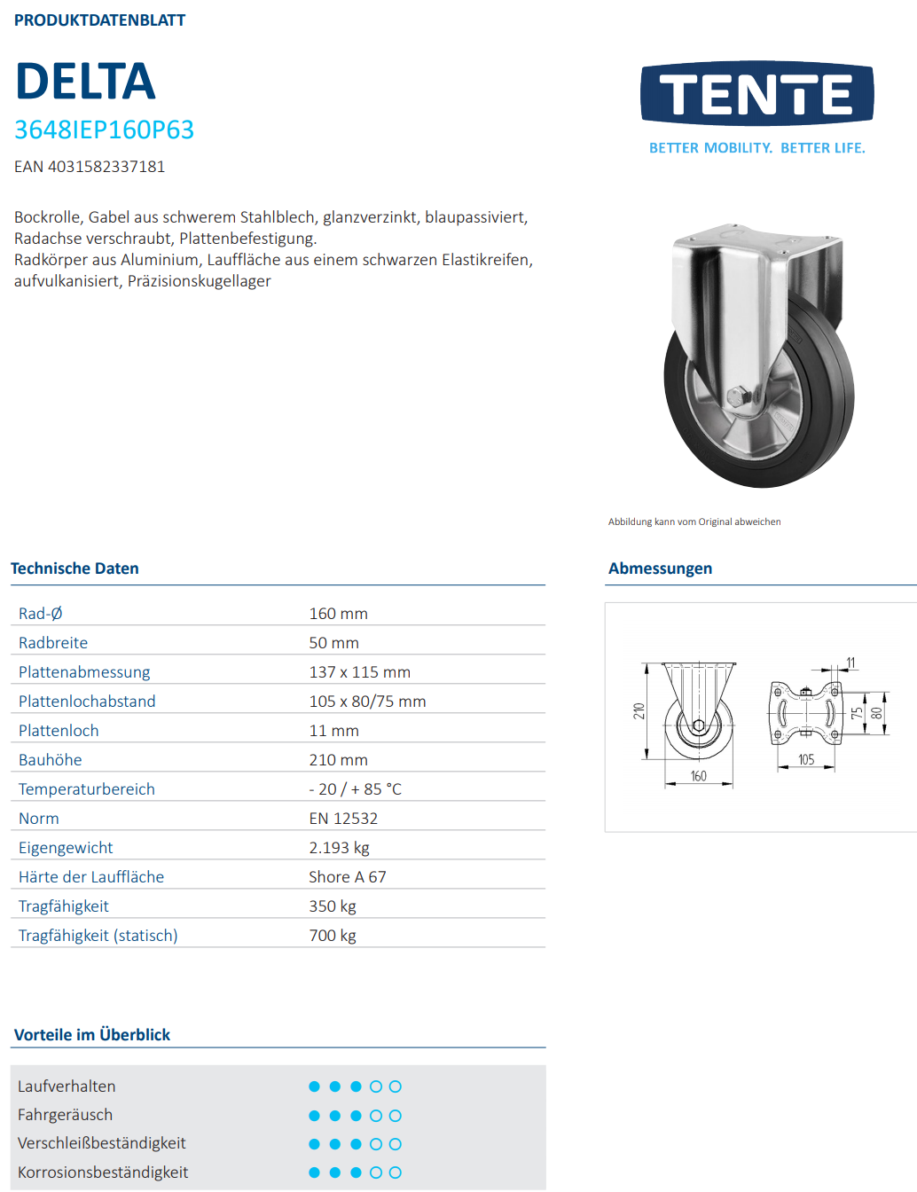 016-0403-D Bockrolle Ø 160 x 50mm breit mit Platte