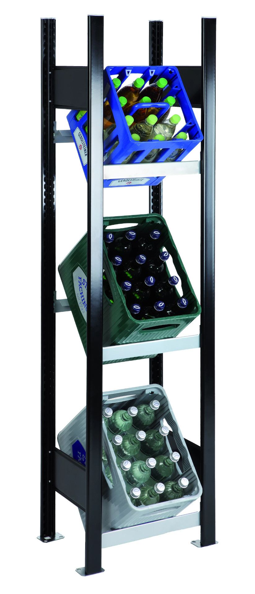 Schulte Grund-Getränkekistenregal, 3 Ebenen für 3 Getränkekisten, B 400 x T 300 x H 1800mm, schwarz/silber