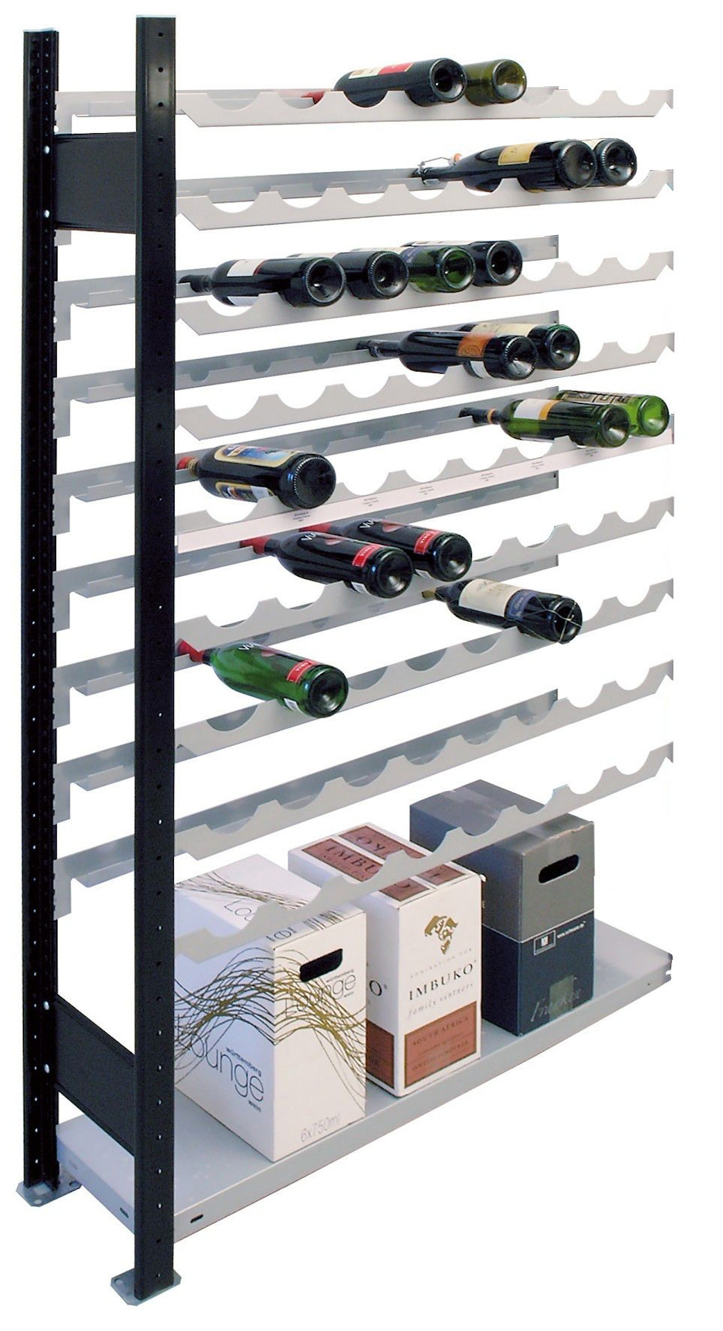Anbau-Weinregal Schulte – 12 Ebenen für 96 Flaschen – B 1000 x T 250 x H 2300mm – schwarz/silber