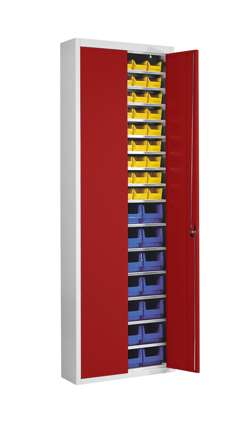 Stahlschrank  mit 82 Sichtlagerkästen