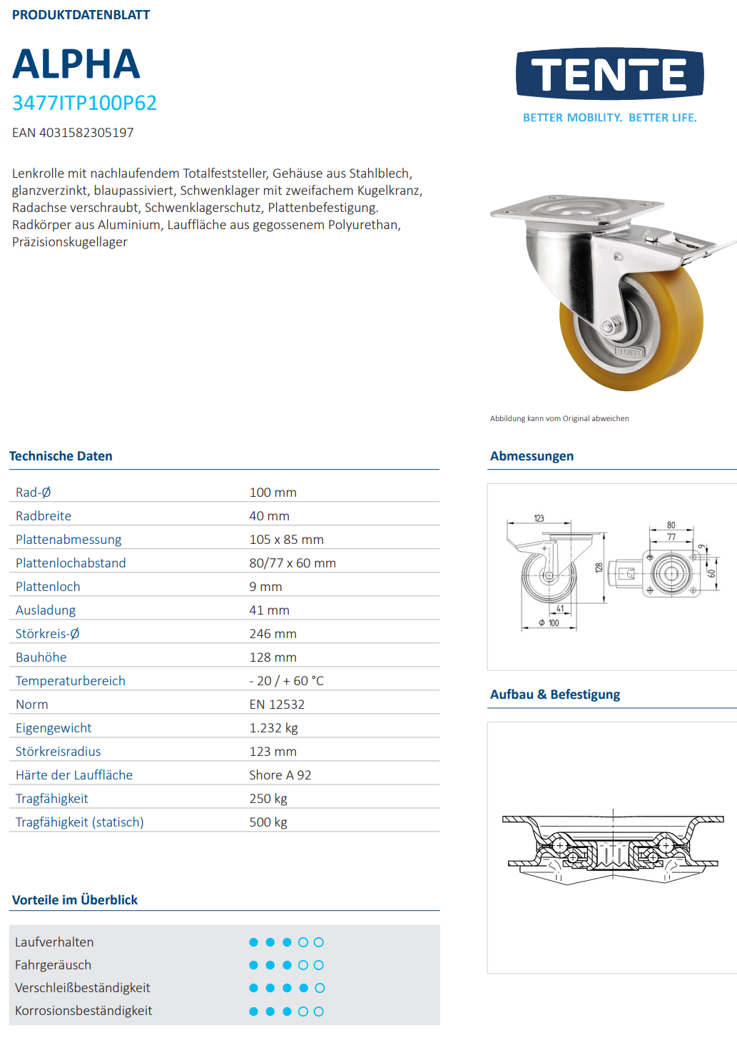 016-0176 Polyurethan-Lenkrolle mit Platte und Feststeller