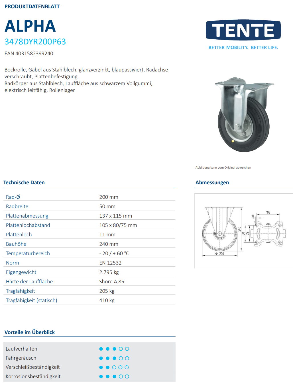 016-0349 Vollgummi-Bockrolle Ø 200x50mm breit mit Platte 137x105mm ESD Bauhöhe 240mm Tragkraft 205 kg