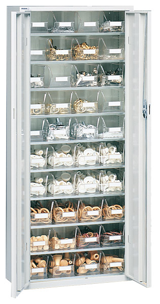 Stahlschrank mit 9 Böden, 40 Kästen Größe 4, glasklar