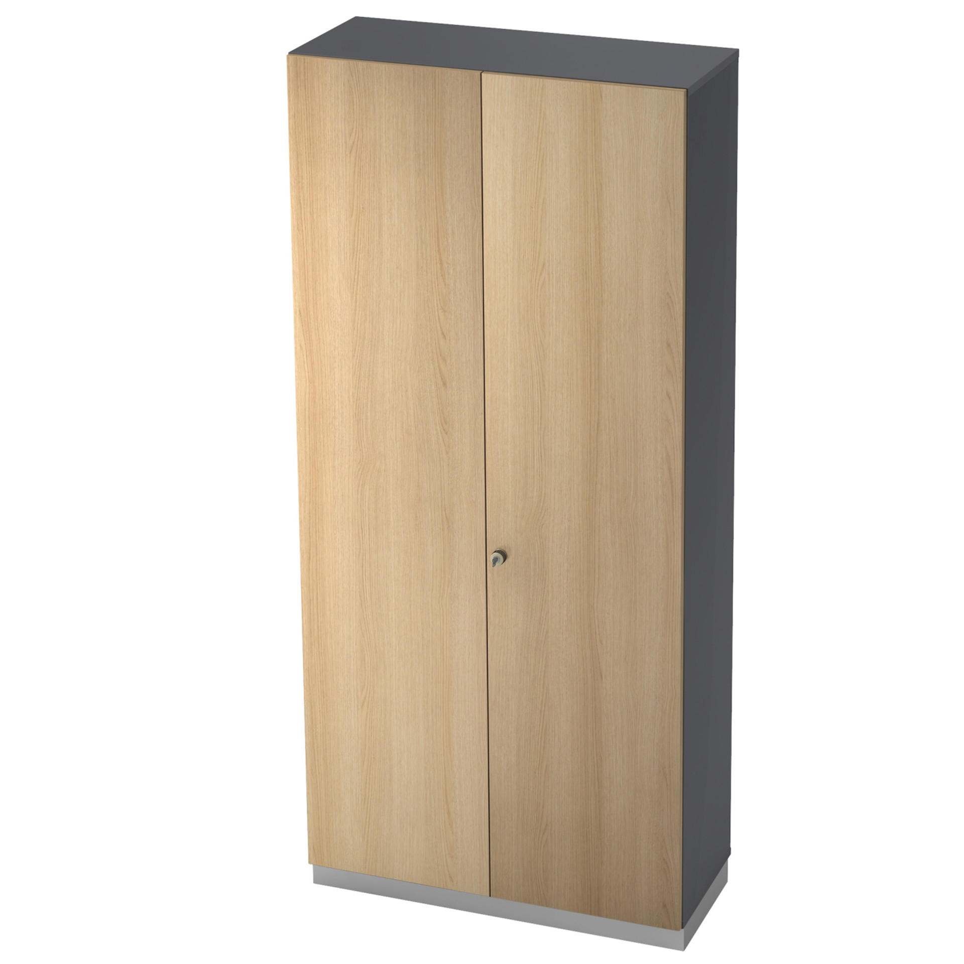 212-0419-955J8dlXCaRvZlz Hammerbacher V3610T6/G/E/SG - Flügeltürenschrank 6 OH, Korpus graphit, Türen Eiche, Akustikrückwand, Stahlsockel, 1000x420x2207mm, 105,1 kg