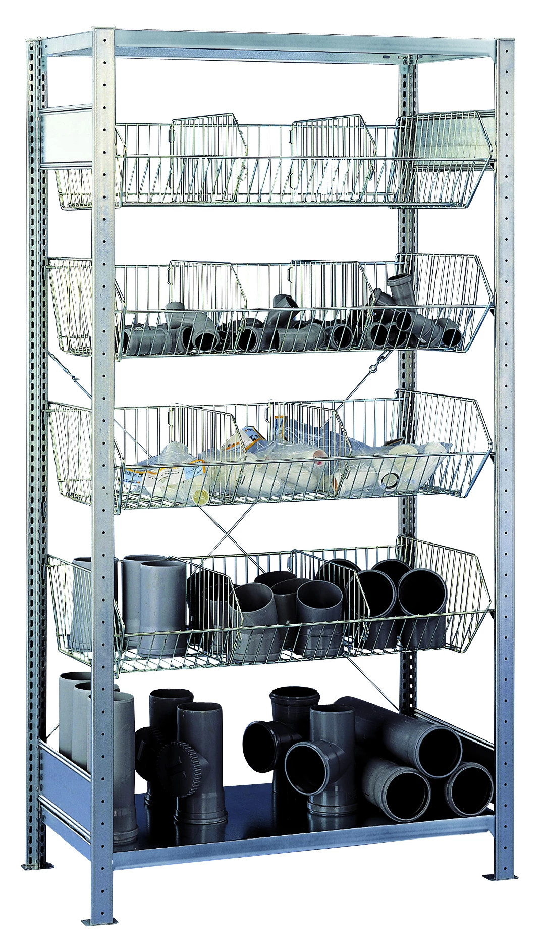 Schulte Grund-Drahtgitterkorbregal Multiplus150, 2 Fachböden, 4 Drahtgitterkörbe, B 1000 x T 500 x H 2000mm, verzinkt