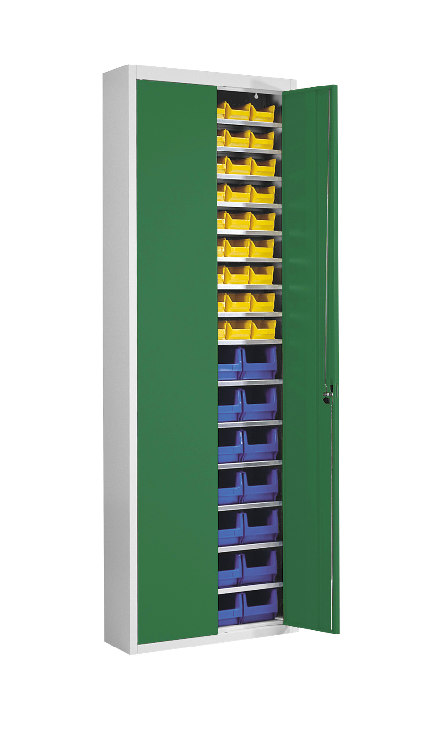 Stahlschrank  mit 82 Sichtlagerkästen