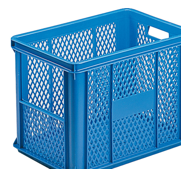 697-0044 Stapelkasten Typ 1, mit Ausschnitt, Gitterwänden und Gitterboden, blau, 590x385x405, Inhalt 80 Liter
