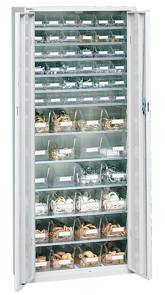 Stahlschrank mit 11 Böden , 24 x Grösse 4 + 36 x Grösse 5, glasklar