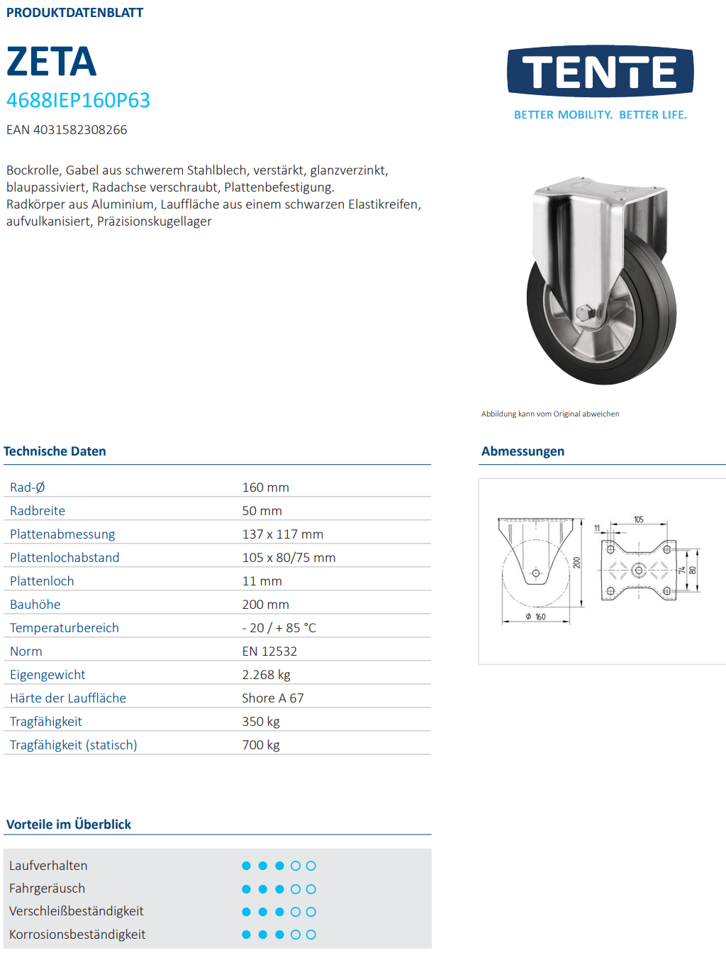 016-0427-D Bockrolle Ø 160 x 50mm breit mit Platte