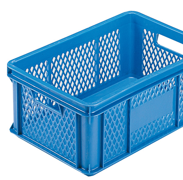 697-0033 Stapelkasten Typ 2, Gitterwände, geschlossener Boden, blau, 590x385x112mm, Inhalt 20 Liter