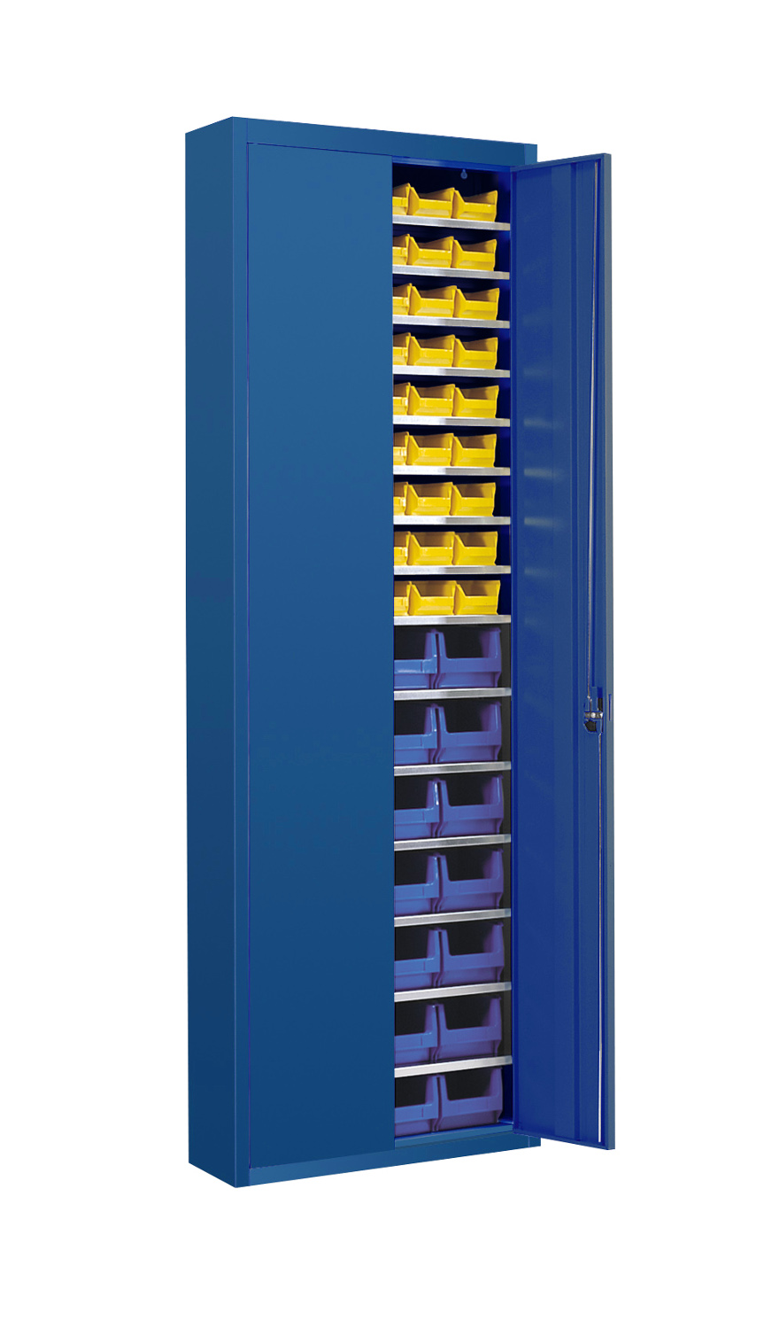 Stahlschrank  mit 82 Sichtlagerkästen