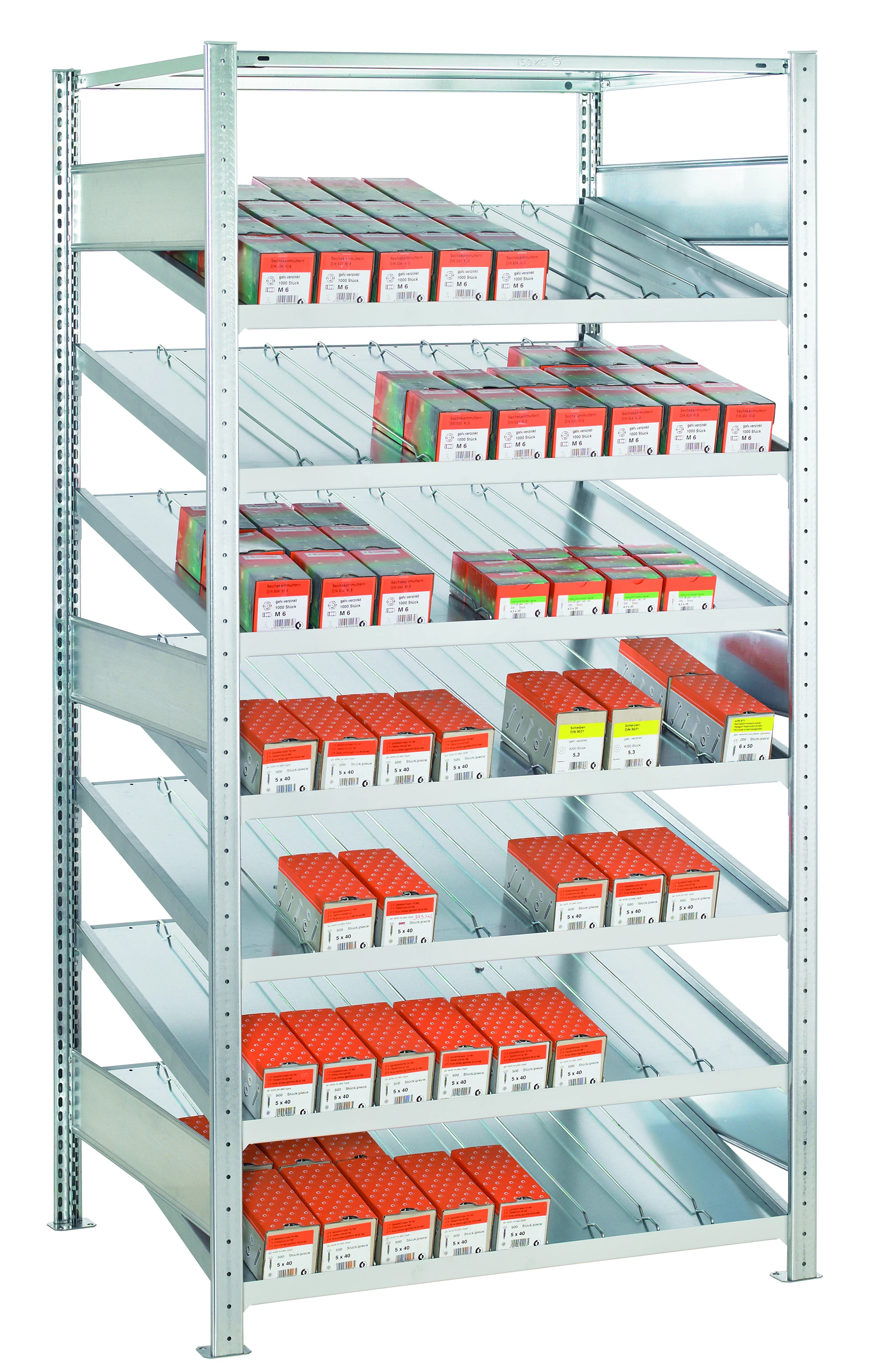 Schulte Grund - Kanbanregal Multiplus150, 7 Fachböden schräg + 1 Abdeckboden gerade, ohne Trenn- und  Seitenführungen, B 1000 x T 600 x H 2000 mm, verzinkt