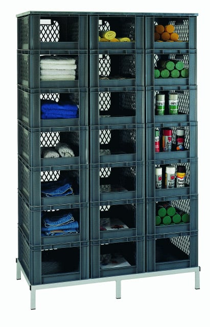 597-0104-30 Stapelkasten-Regal, mit 21 Stapelkästen Typ 4, blau, 1215x607x1960mm