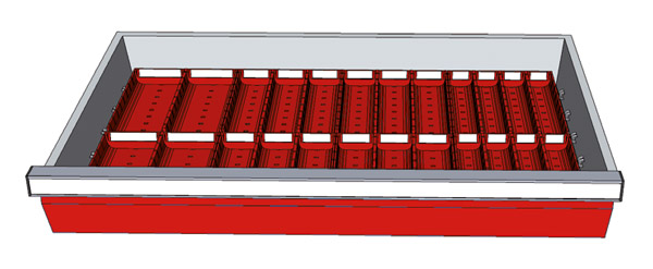 317-0097 Bedrunka + Hirth - Schubladeneinsatz mit 8 Muldenplatten und 24 Steckwänden f. Typ 12, f. Blendenhöhe 50mm