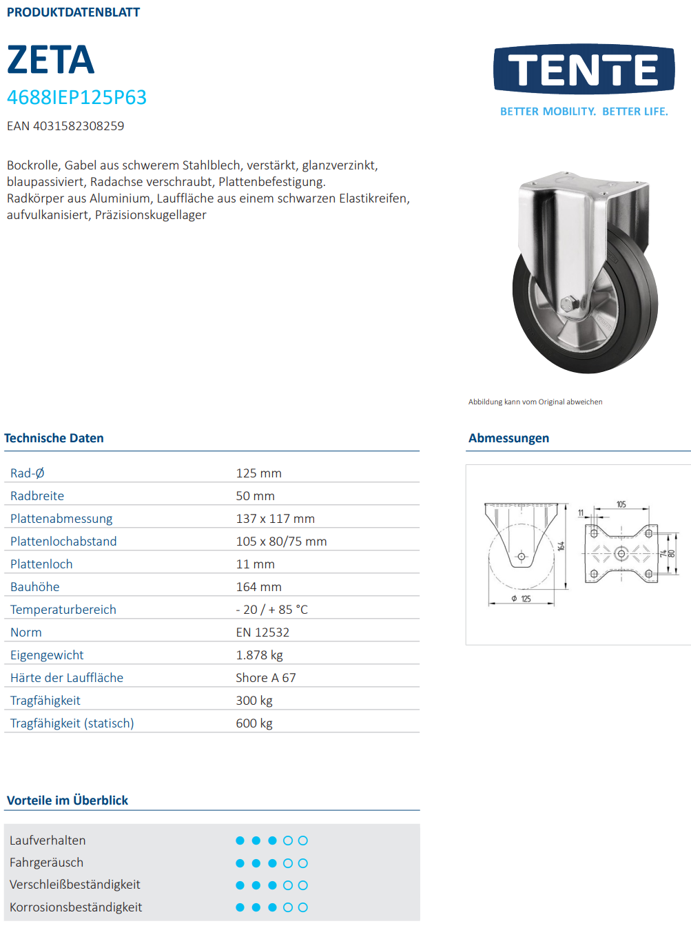 016-0426-D Bockrolle Ø 125 x 50mm breit mit Platte