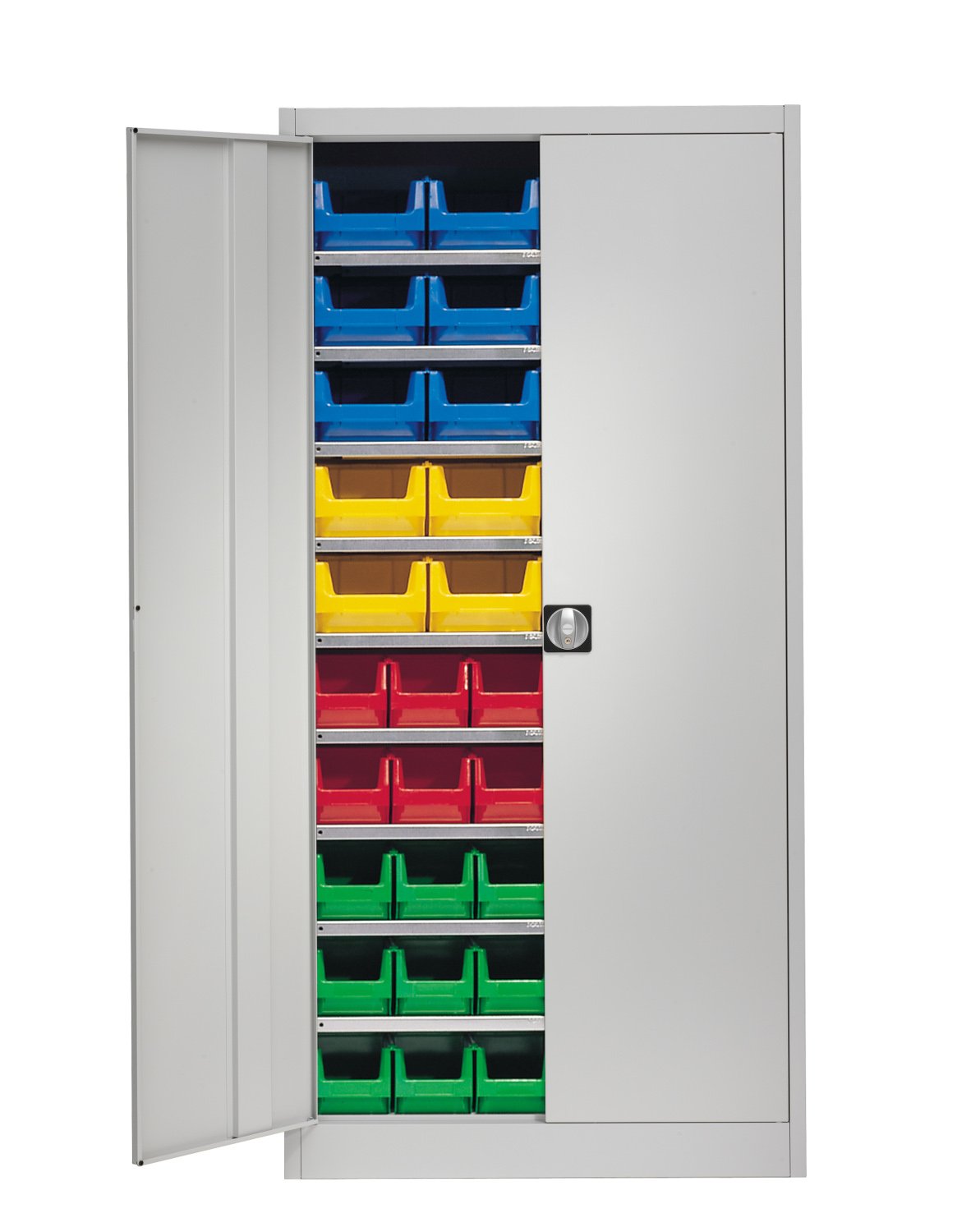 Stahlschrank mit 50 Sichtlagerkästen