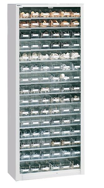 Schrankregal mit 18 Böden, 114 Kästen Größe 5, glasklar
